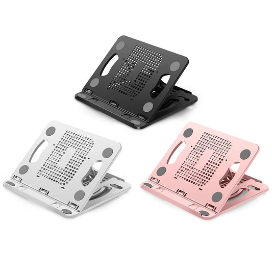 Multiple color options: black, pink, and white laptop stands