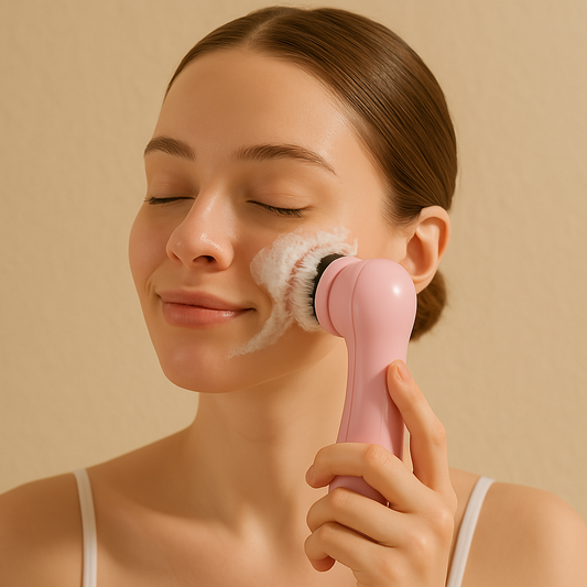 Woman using the waterproof face scrubber