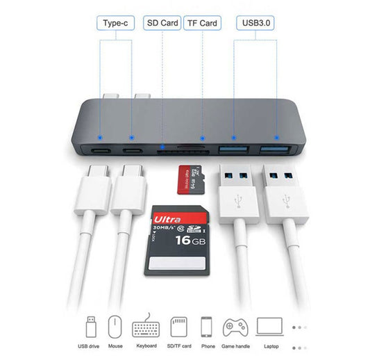 6-in-1 USB-C hub with SD/TF card slots, USB 3.0 ports, and PD port