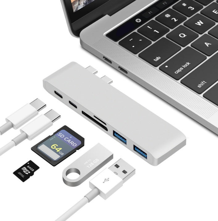 view of the 6-in-1 hub’s port layout for USB 3.0, SD/TF, and PD