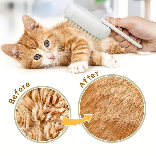 Close-up of brush bristles removing loose fur from a cat’s coat