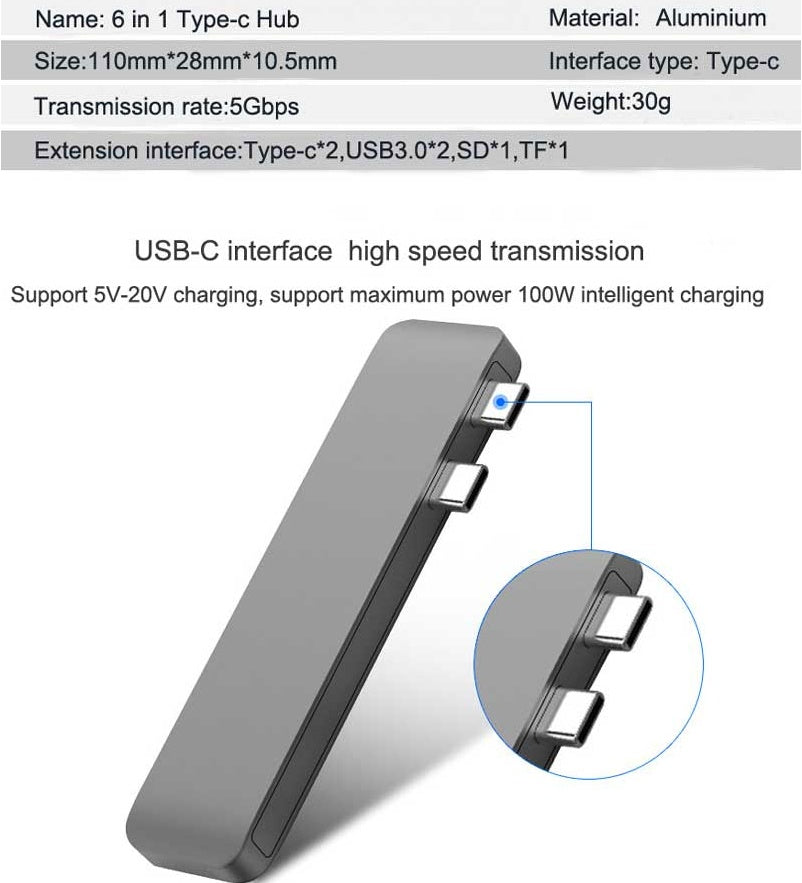  aluminum design on the 6-in-1 USB Type-C hub