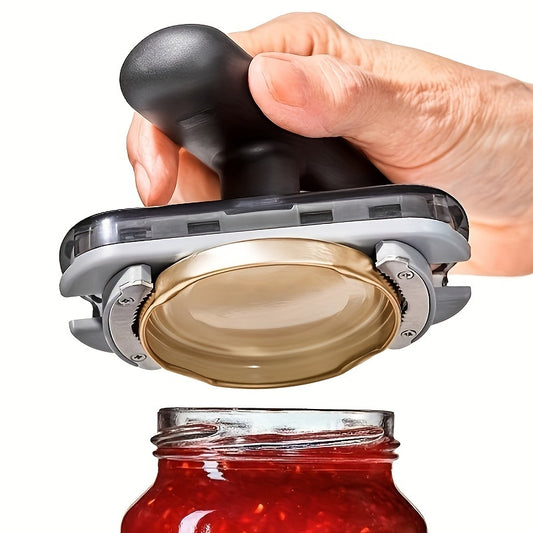 Adjustable manual can opener with anti-slip pad on a jar lid