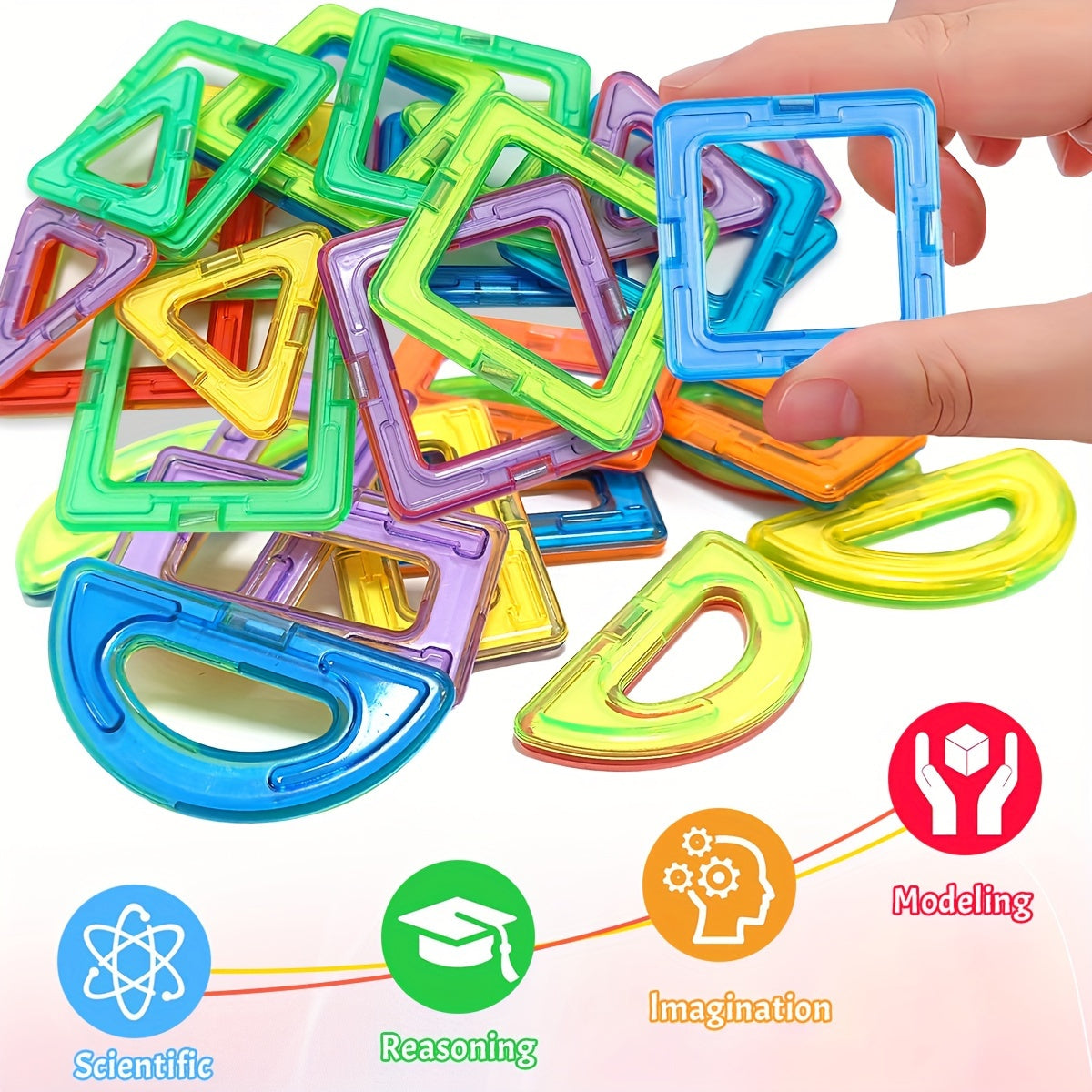 Child building a 3D structure with magnetic STEM blocks
