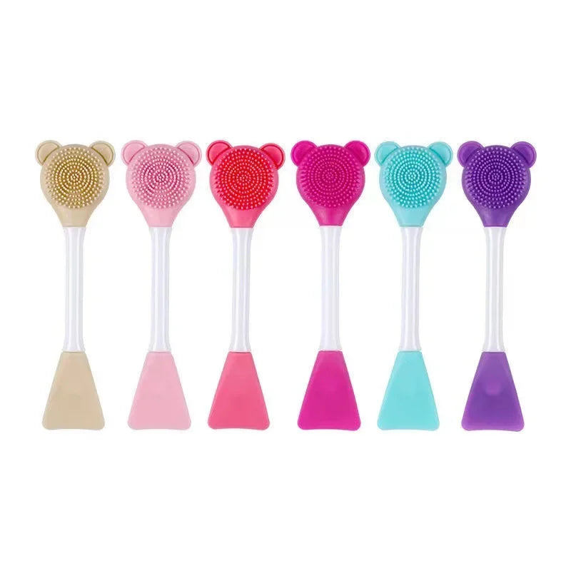 Double-head silicone mask applicator with brush and scoop ends multicolor