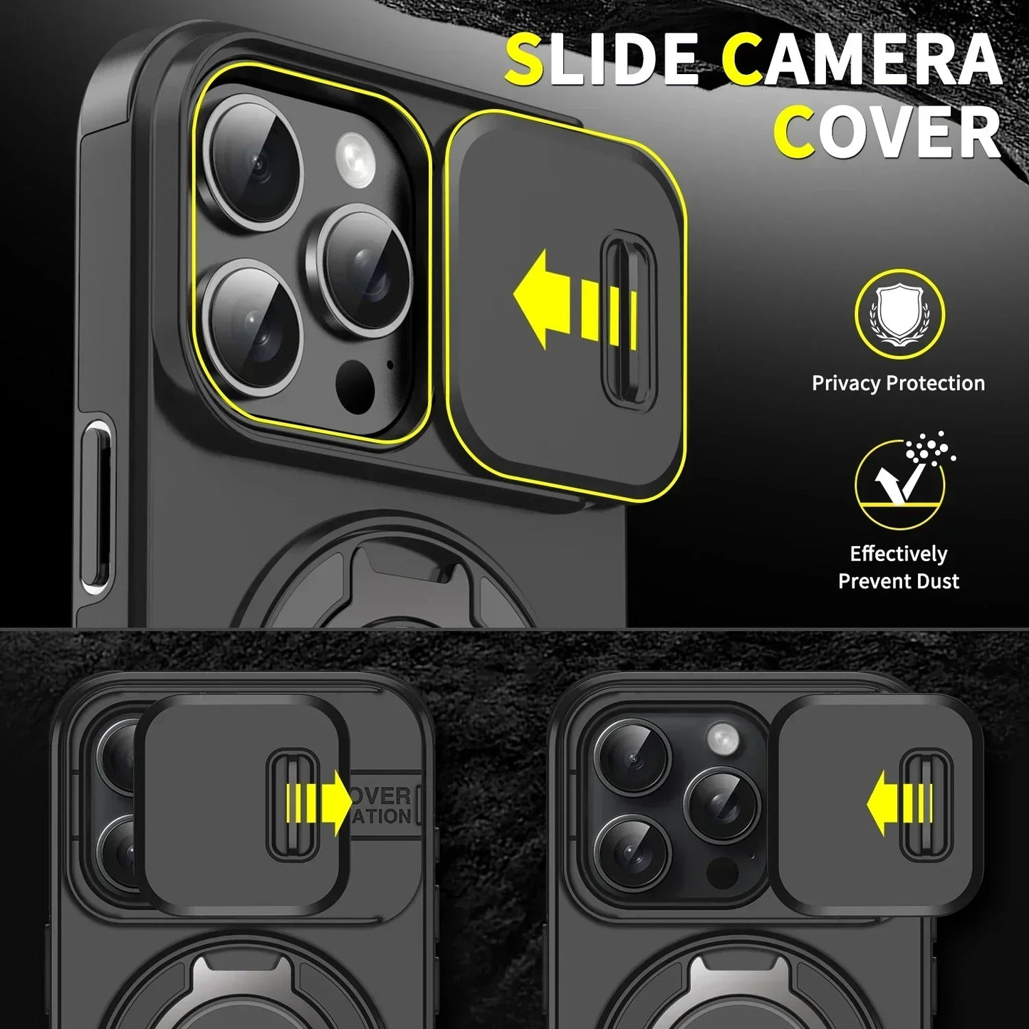 Back view showing slide camera cover and sturdy