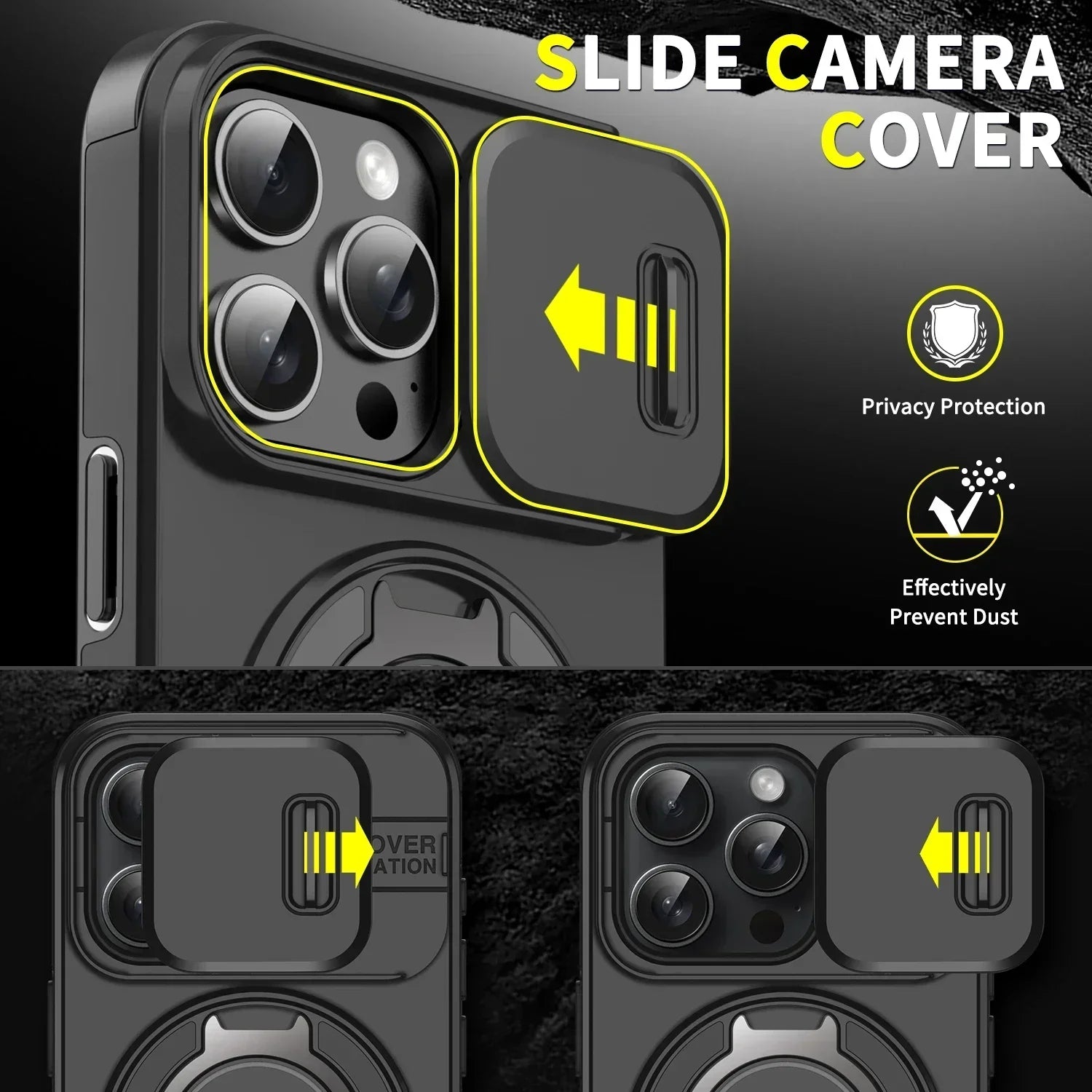 Back view showing slide camera cover and sturdy