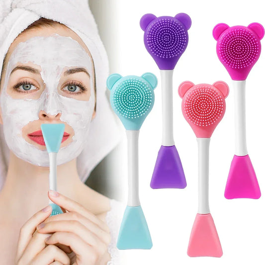 Double-head silicone mask applicator with brush and scoop ends