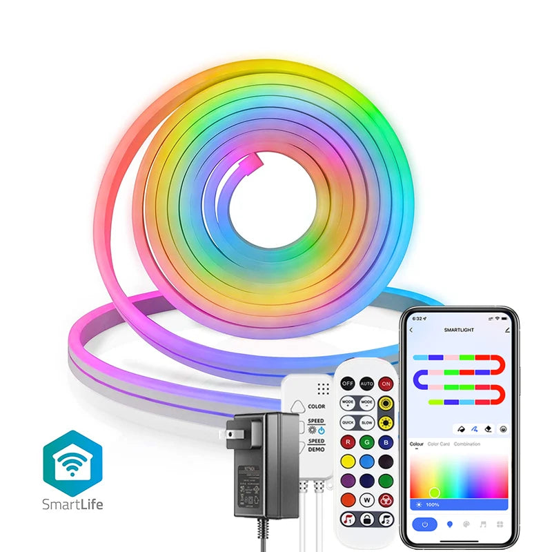 TUYA app controlling the neon strip lights on a smartphone