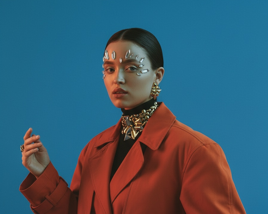 Person wearing a red coat against a blue background