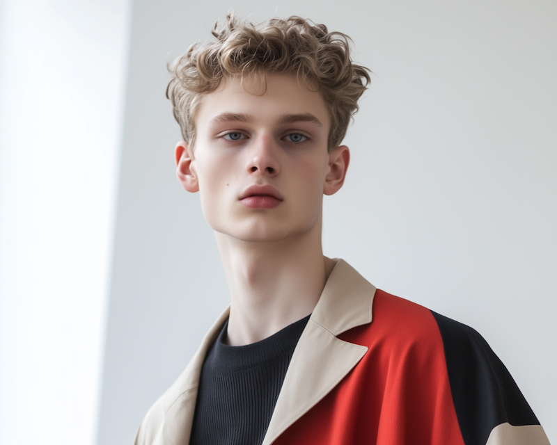 Man wearing a color-blocked jacket with red, black, and beige sections against a plain background.